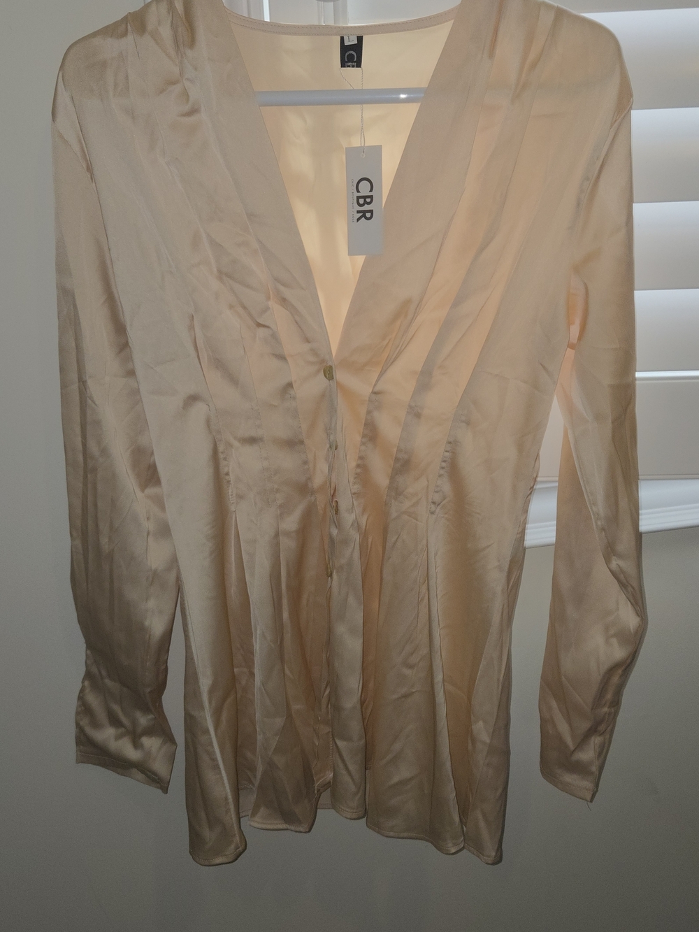 CBR Women's Cream Satin V-Neck Blouse with Single Front Button